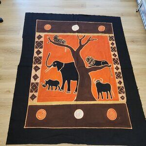 Batik Cotton Fabric Panel African Animal Tree of Life Safari Themed 80"x74"